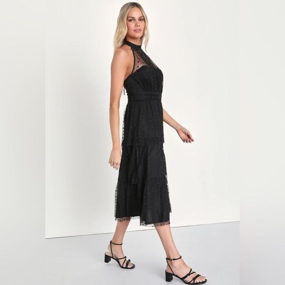 Lulus Positively Precious Black Floral Mesh Tiered Halter Midi Dress, Sz XS, NWT - Picture 3 of 10
